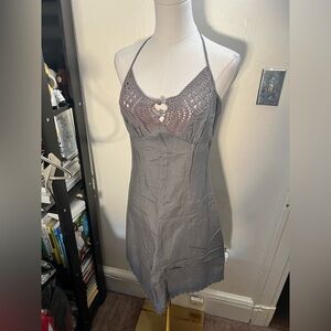 NWOT Yessica Linen Blend Gray Halter Mini Dress with Crochet Detail Size S